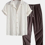 Front view of Geometric Jacquard Cuban Shirt & Straight Leg Linen Pants
