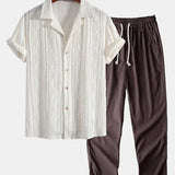 Front view of Geometric Jacquard Cuban Shirt & Straight Leg Linen Pants