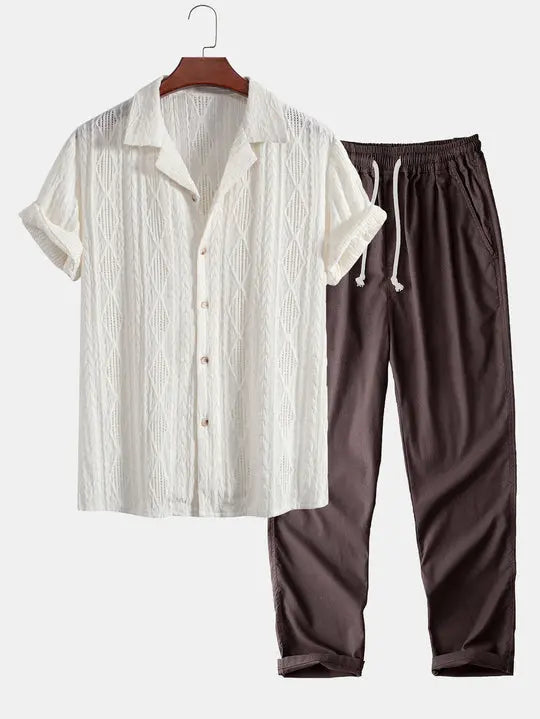 Front view of Geometric Jacquard Cuban Shirt & Straight Leg Linen Pants