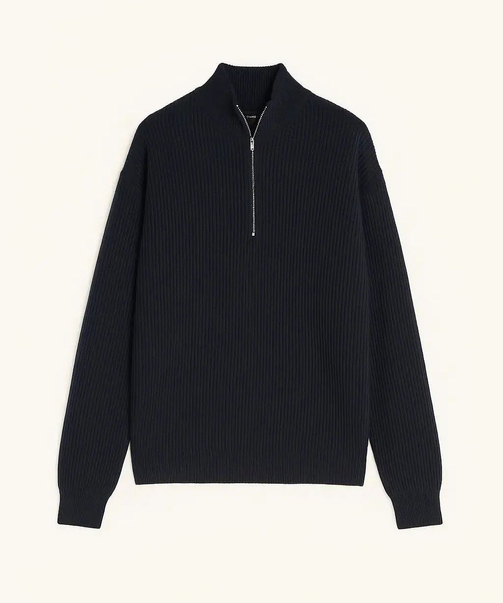 Front view of Navy Blue Cardigan Half-zip Sweater