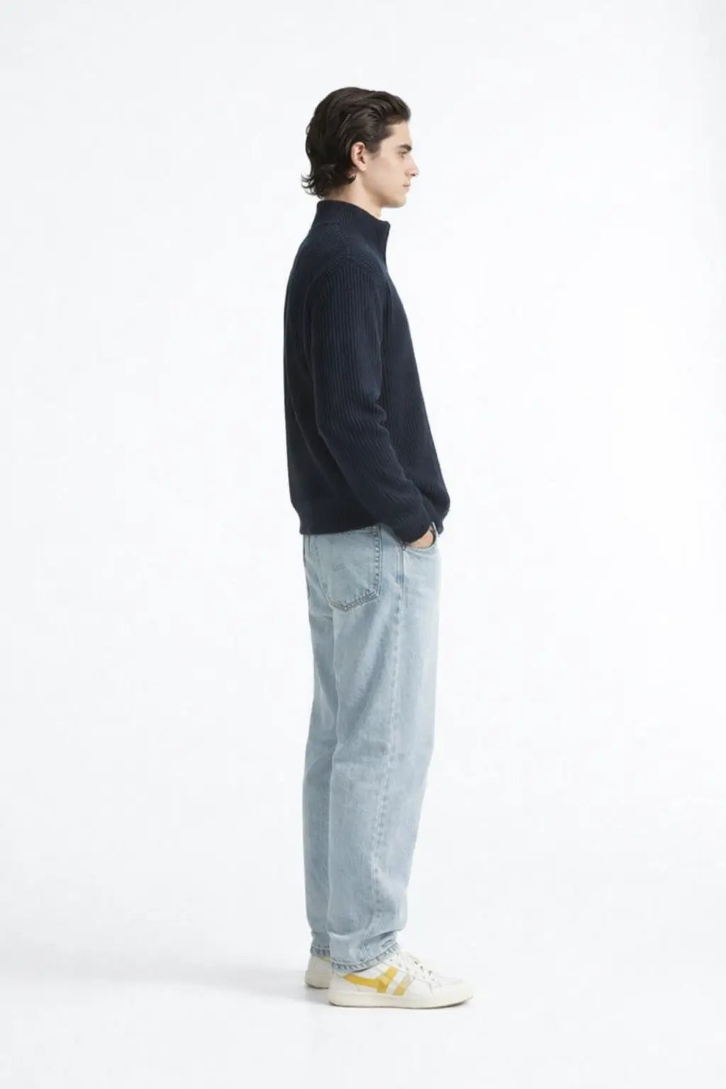 Cardigan Half-zip Sweater shown in a lifestyle setting, alternate view