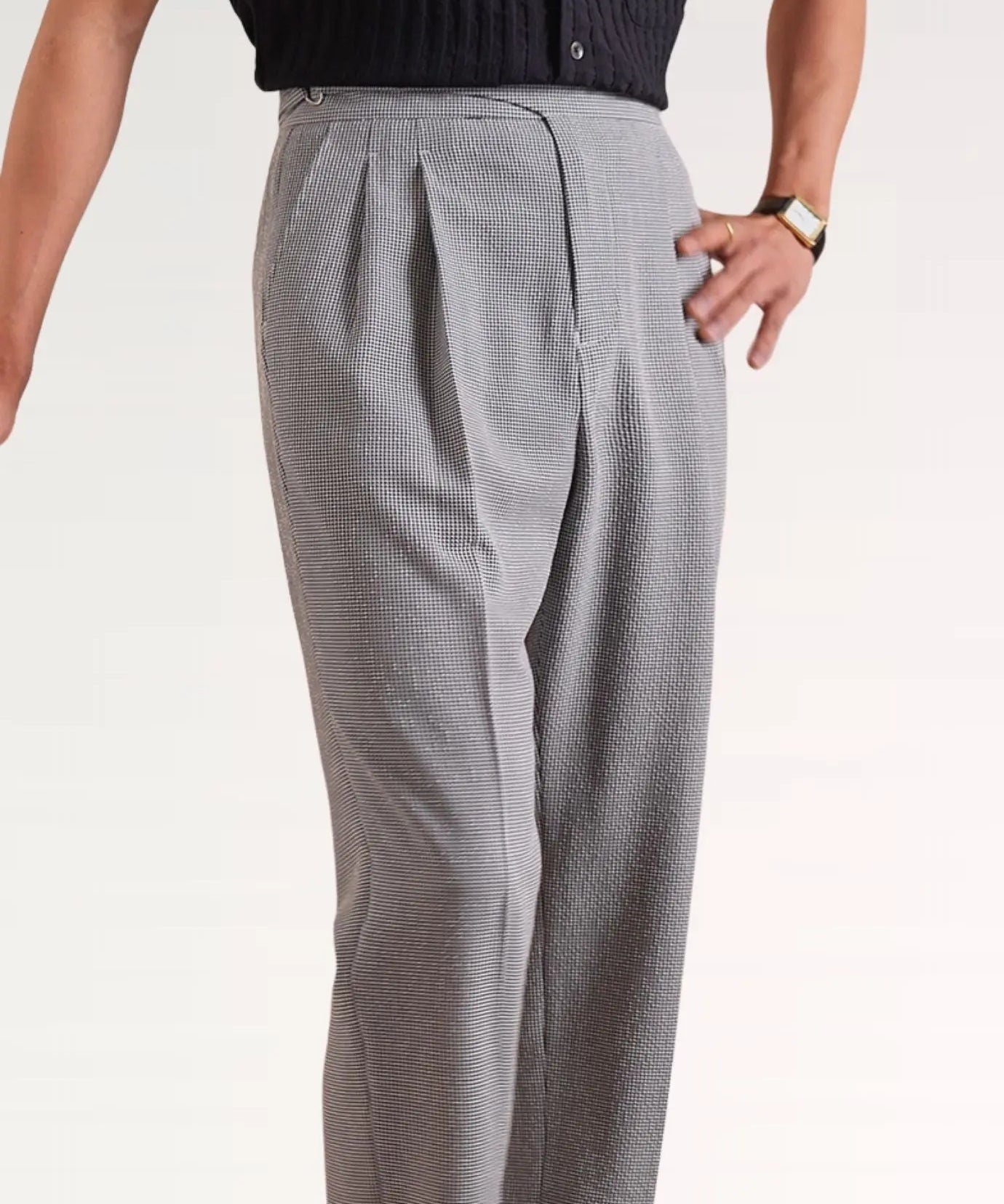 Close-up detail of Black & White Grid Italian Business Casual Trousers Breathable