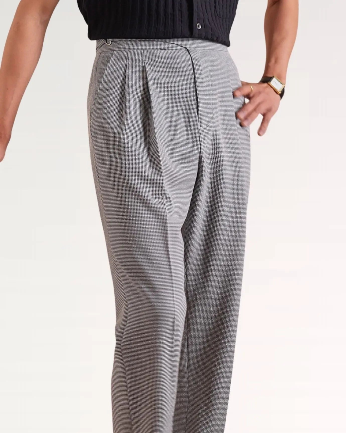 Close-up detail of Black & White Grid Italian Business Casual Trousers Breathable