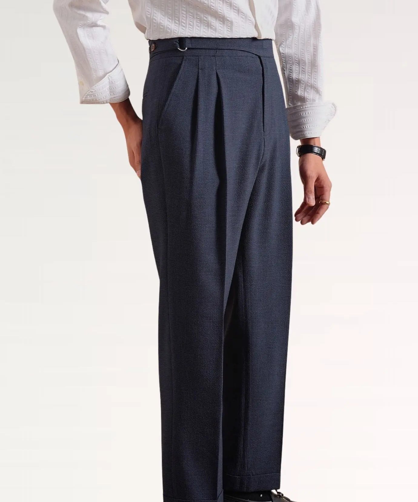 Close-up detail of Tibetan Blue Italian Business Casual Trousers Breathable