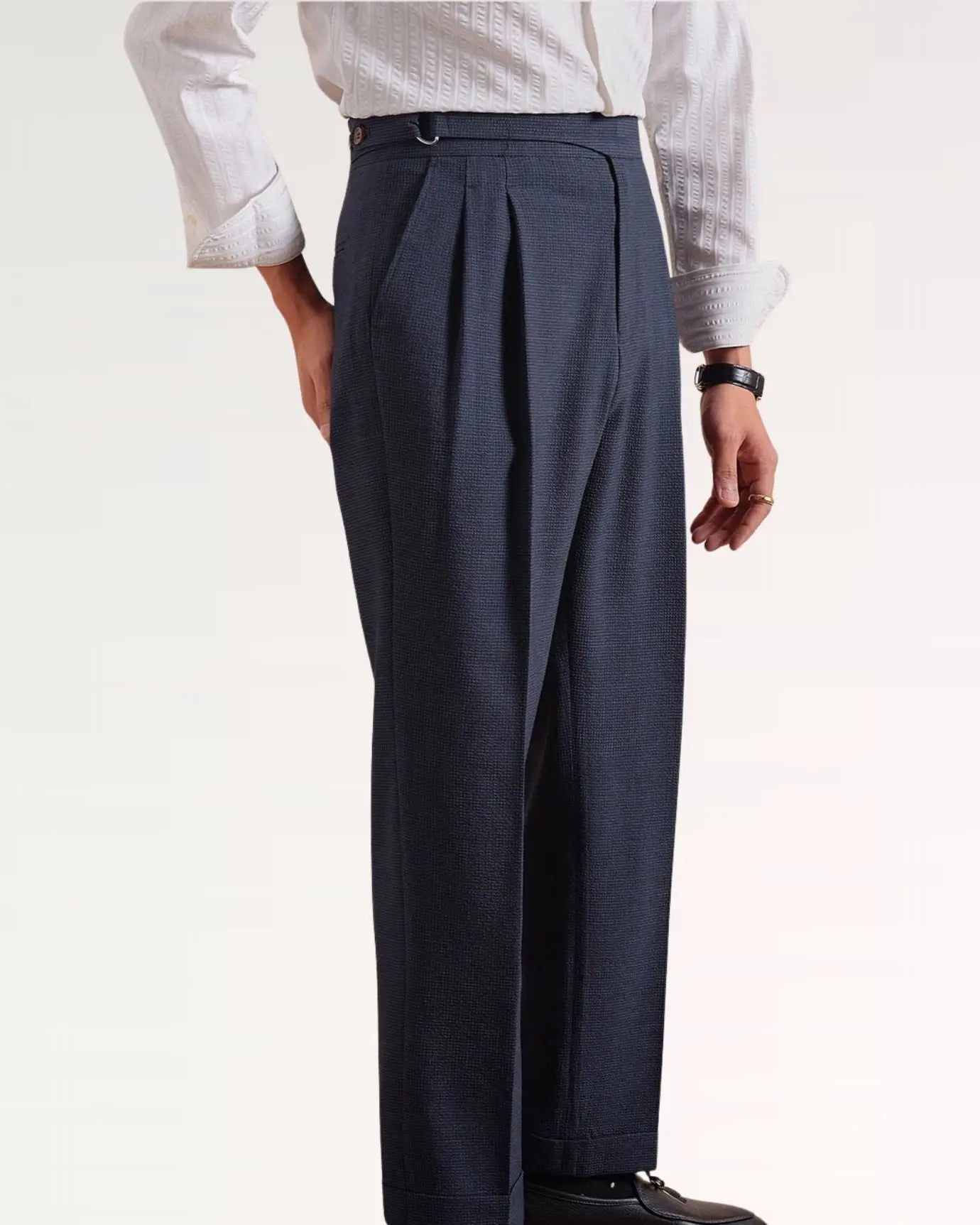 Close-up detail of Tibetan Blue Italian Business Casual Trousers Breathable