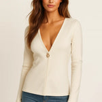 Ivory Cardigan shown in a lifestyle setting