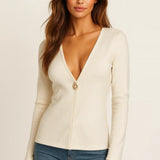 Ivory Cardigan shown in a lifestyle setting