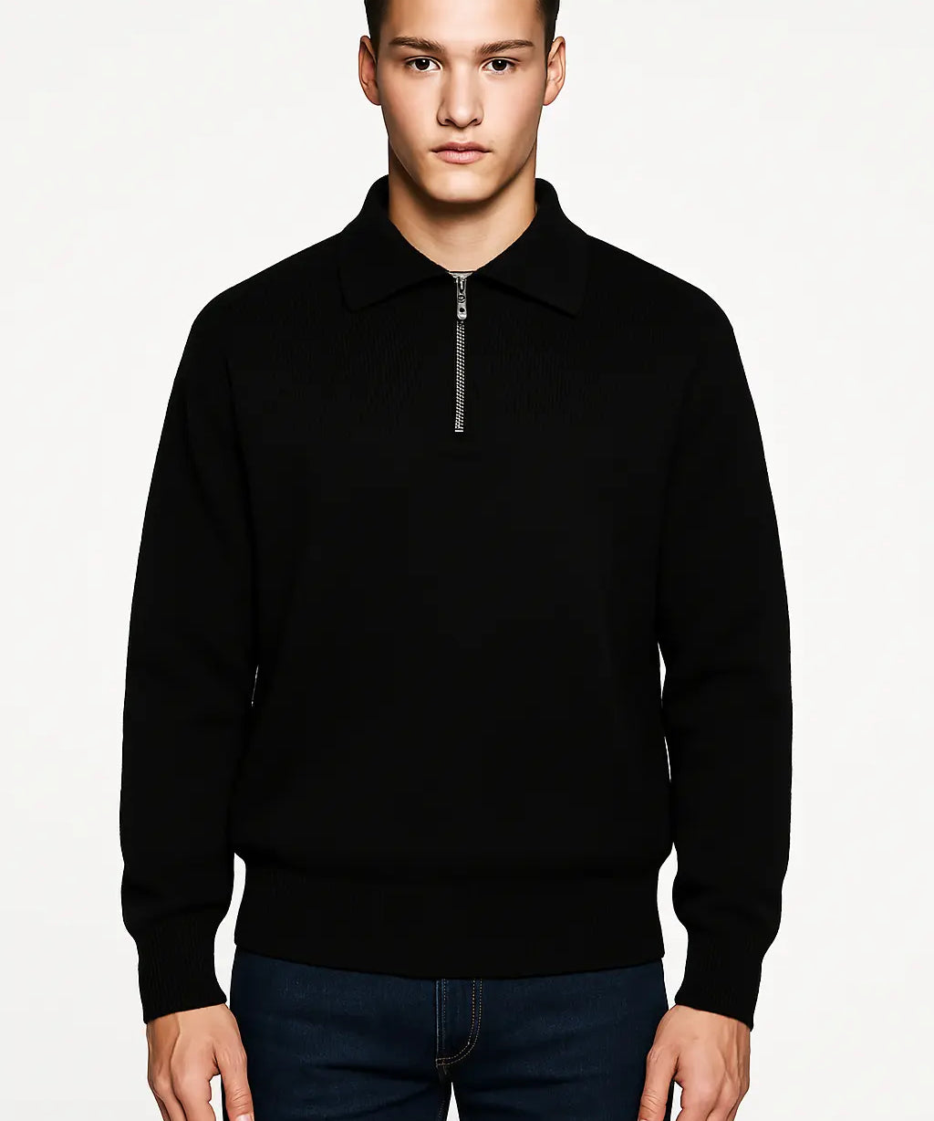 Black Knitted Zip-Up Sweater shown in a lifestyle setting