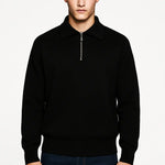 Black Knitted Zip-Up Sweater shown in a lifestyle setting