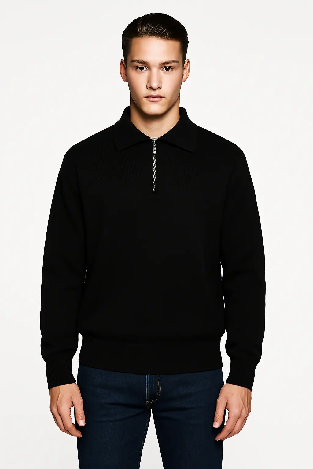 Black Knitted Zip-Up Sweater shown in a lifestyle setting
