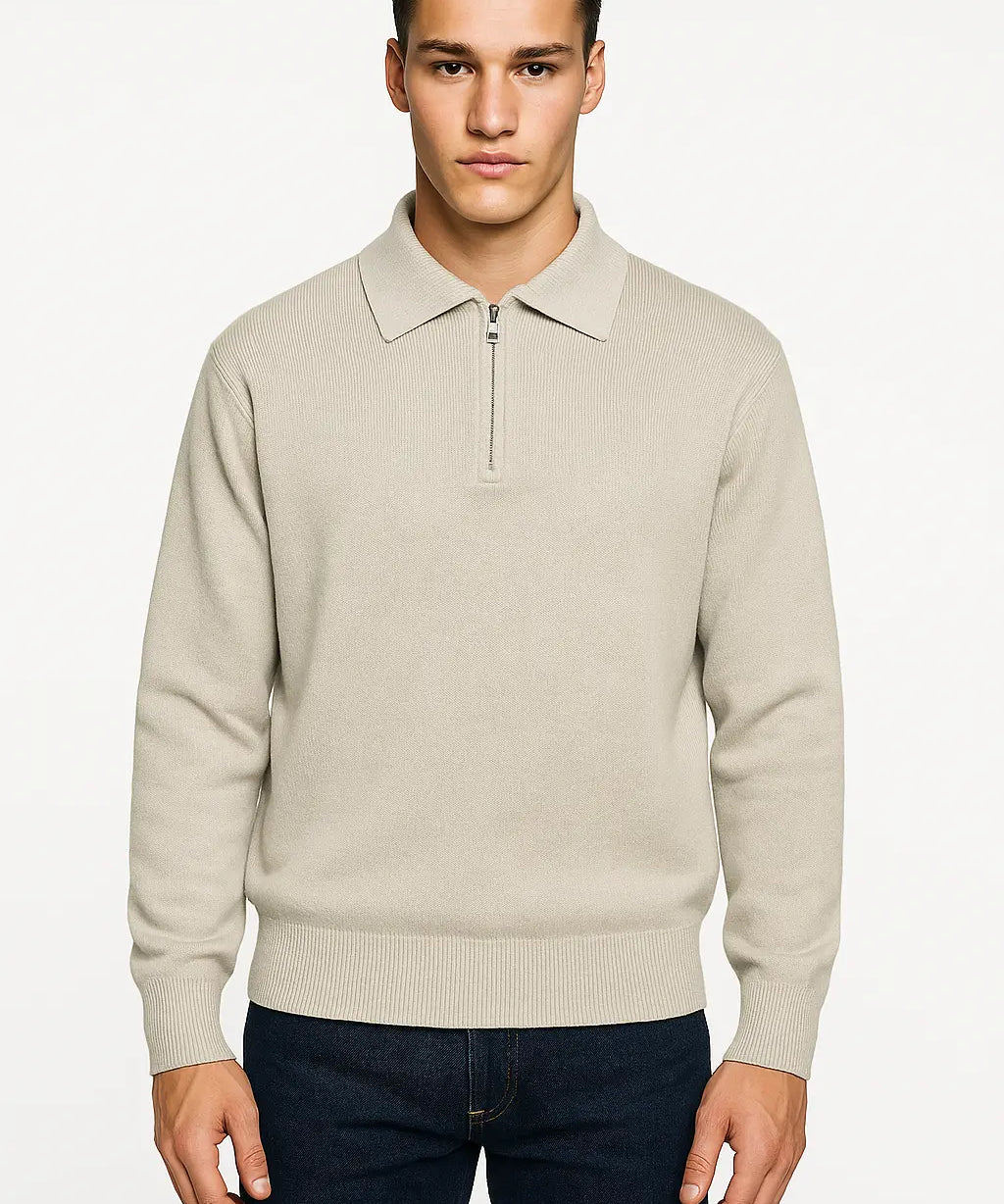 Gray Knitted Zip-Up Sweater shown in a lifestyle setting
