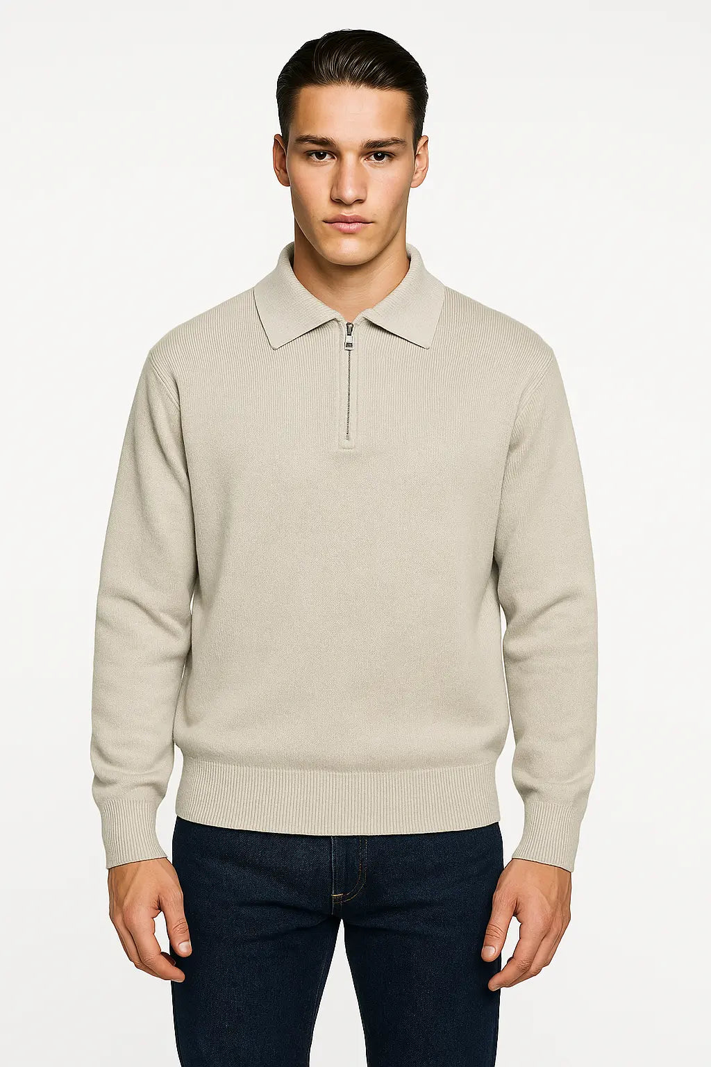 Gray Knitted Zip-Up Sweater shown in a lifestyle setting