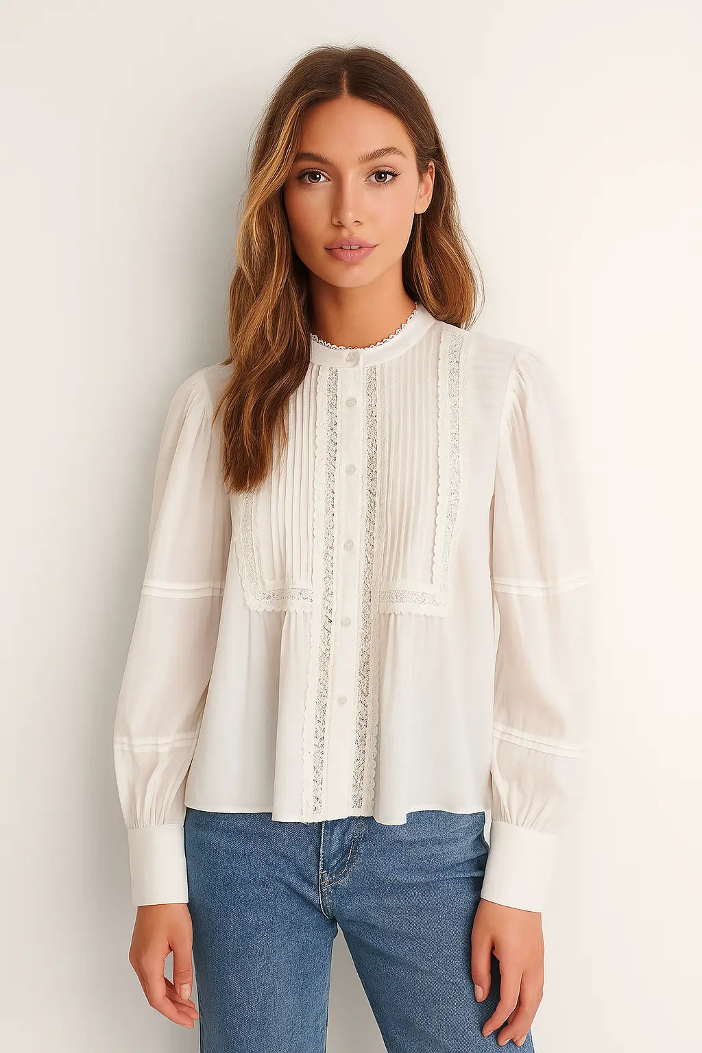 Lily Lace Blouse shown in a lifestyle setting, alternate view