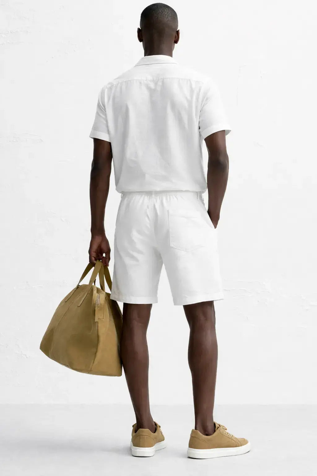 Back view of Linen Rayon Blend Button Up Shirt & Linen Drawstring Shorts, alternate view