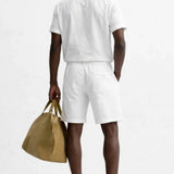 Back view of Linen Rayon Blend Button Up Shirt & Linen Drawstring Shorts, alternate view