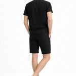 Back view of Linen Rayon Blend Button Up Shirt & Linen Drawstring Shorts, close up