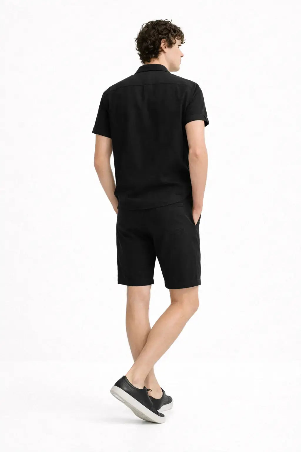 Back view of Linen Rayon Blend Button Up Shirt & Linen Drawstring Shorts, close up