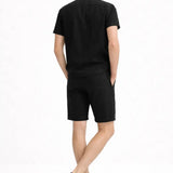 Back view of Linen Rayon Blend Button Up Shirt & Linen Drawstring Shorts, close up