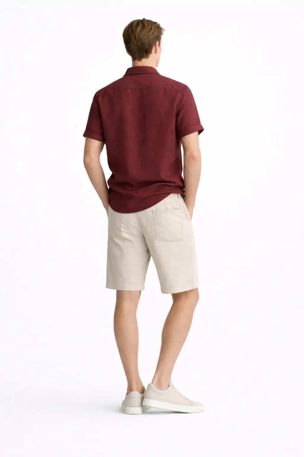 Back view of Linen Rayon Blend Button Up Shirt & Linen Drawstring Shorts, full view