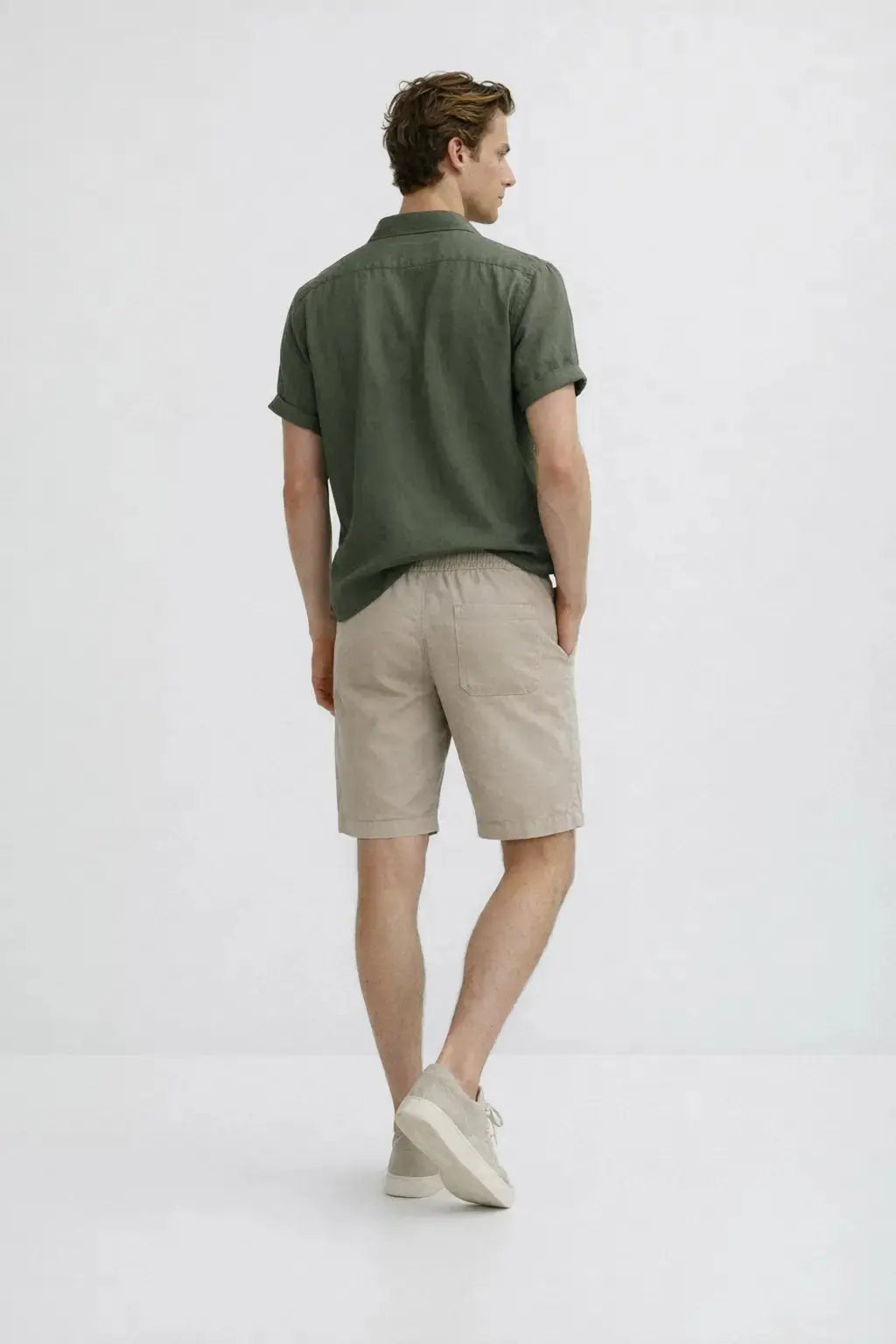 Back view of Linen Rayon Blend Button Up Shirt & Linen Drawstring Shorts