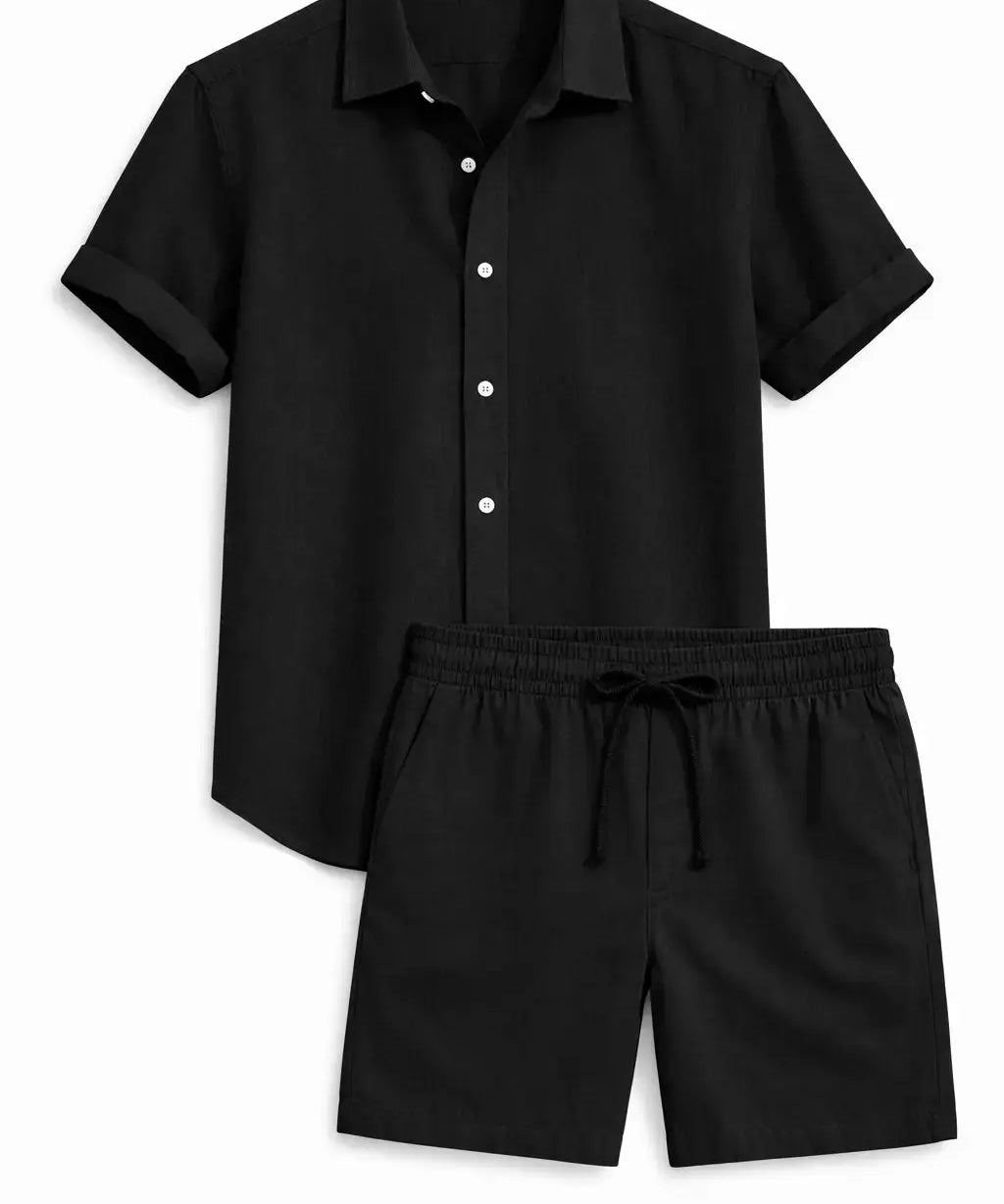 Front view of Black Linen Rayon Blend Button Up Shirt & Linen Drawstring Shorts