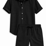 Front view of Black Linen Rayon Blend Button Up Shirt & Linen Drawstring Shorts