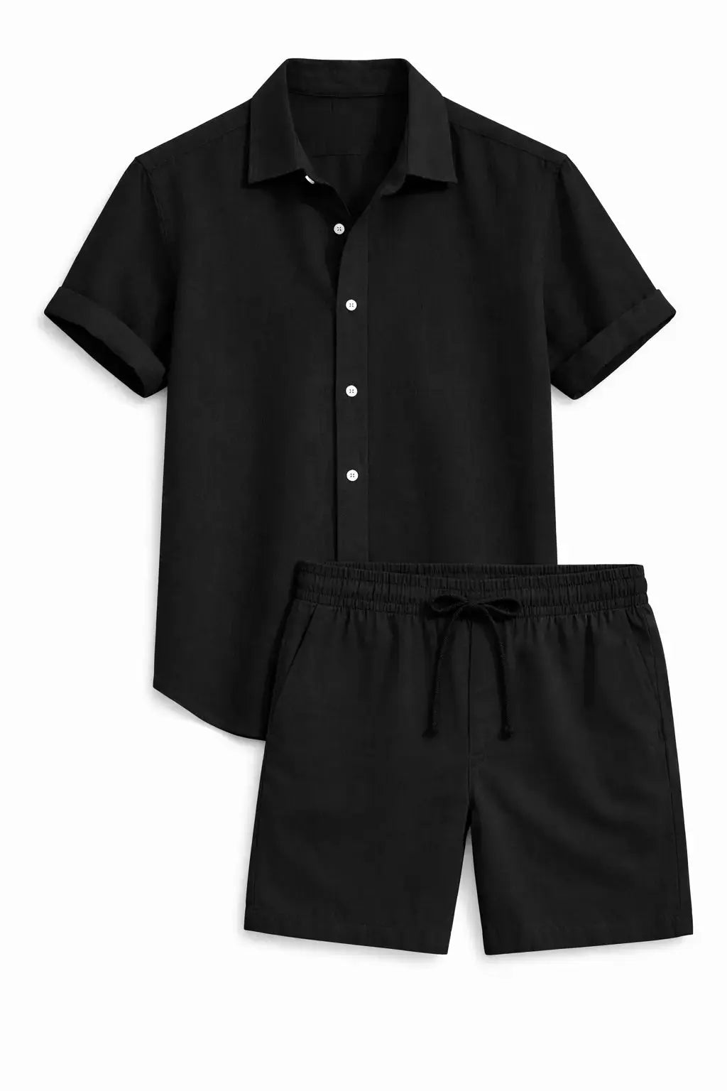 Front view of Black Linen Rayon Blend Button Up Shirt & Linen Drawstring Shorts