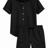 Front view of Black Linen Rayon Blend Button Up Shirt & Linen Drawstring Shorts