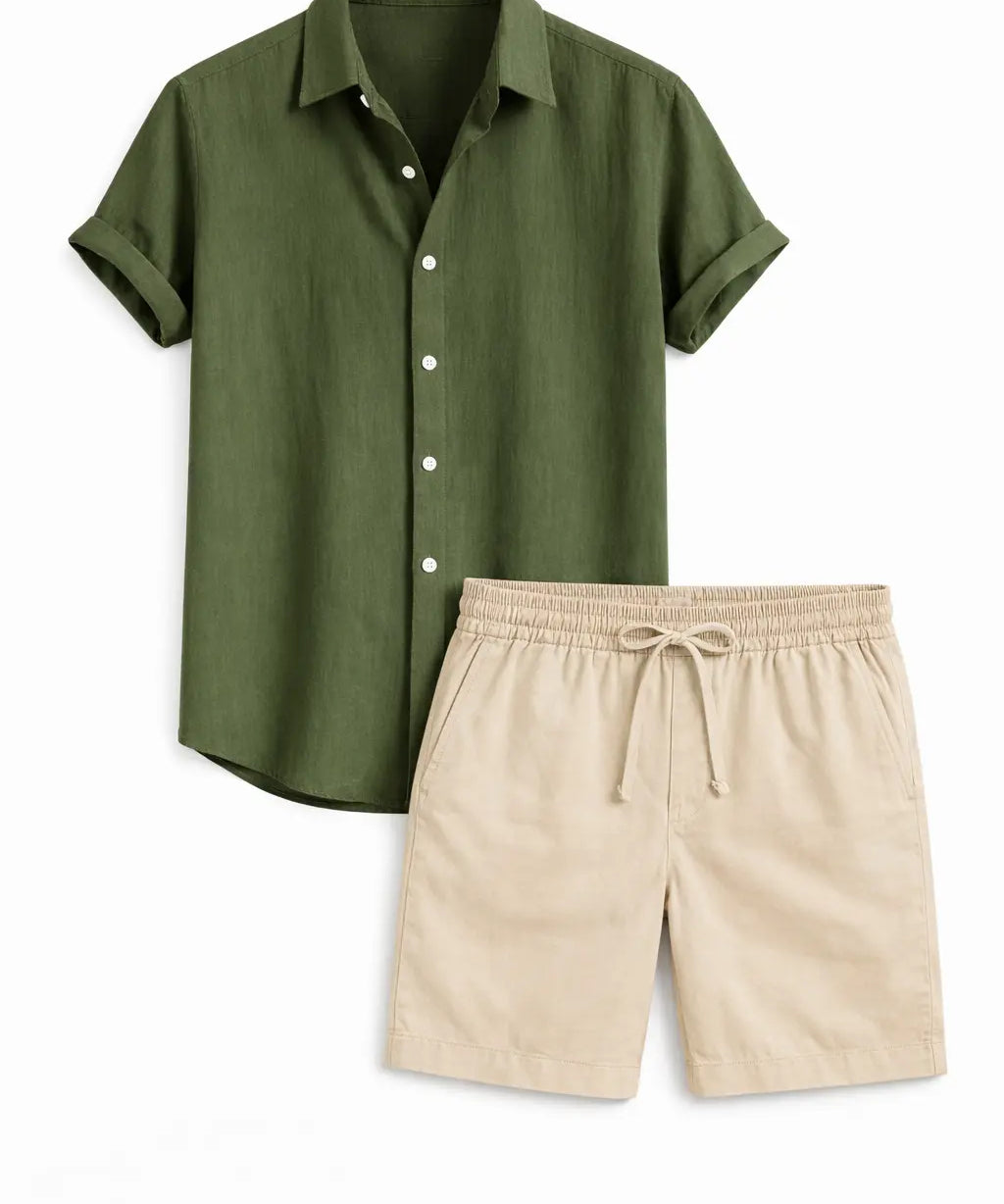 Front view of Green Linen Rayon Blend Button Up Shirt & Linen Drawstring Shorts
