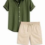 Front view of Green Linen Rayon Blend Button Up Shirt & Linen Drawstring Shorts