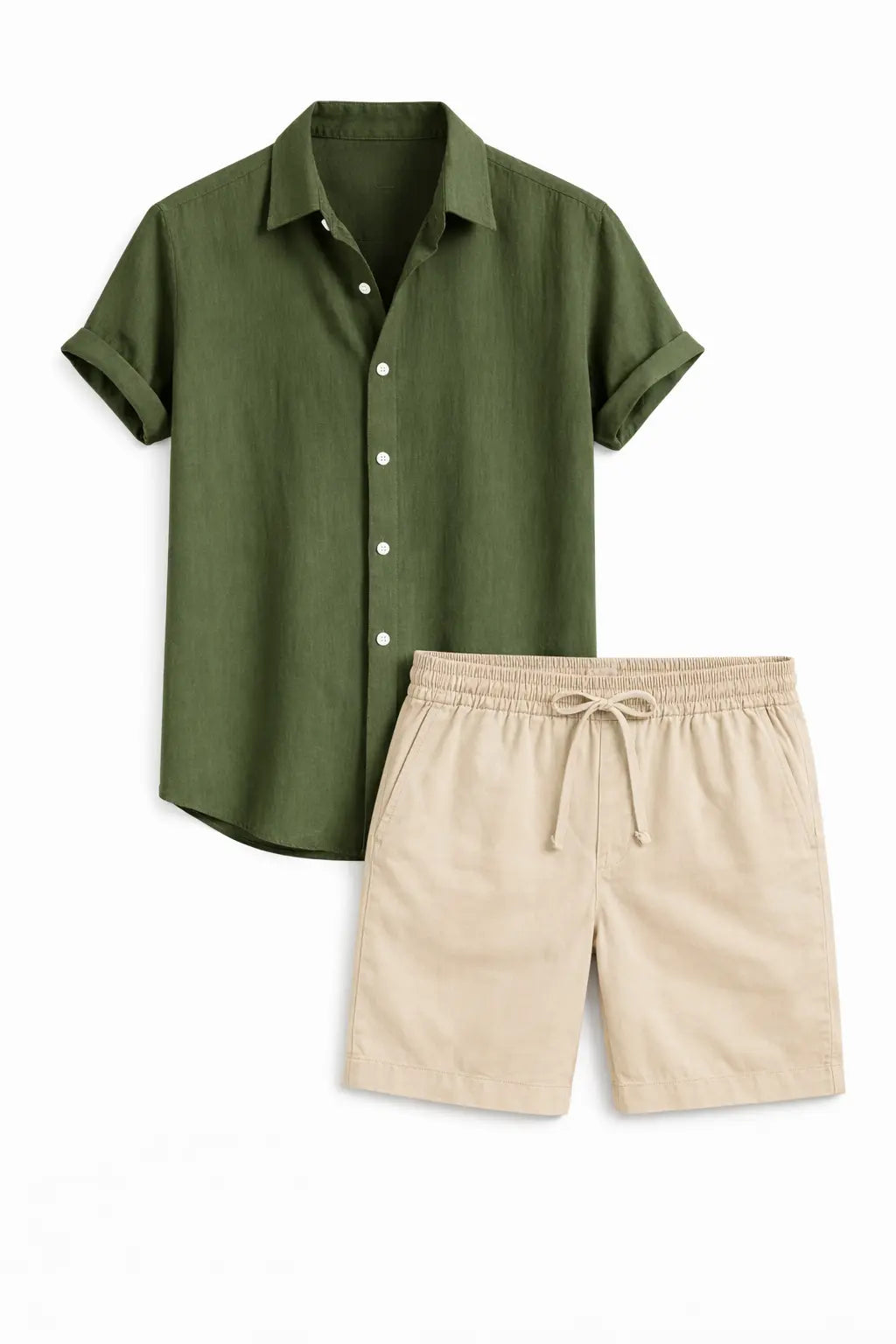 Front view of Green Linen Rayon Blend Button Up Shirt & Linen Drawstring Shorts