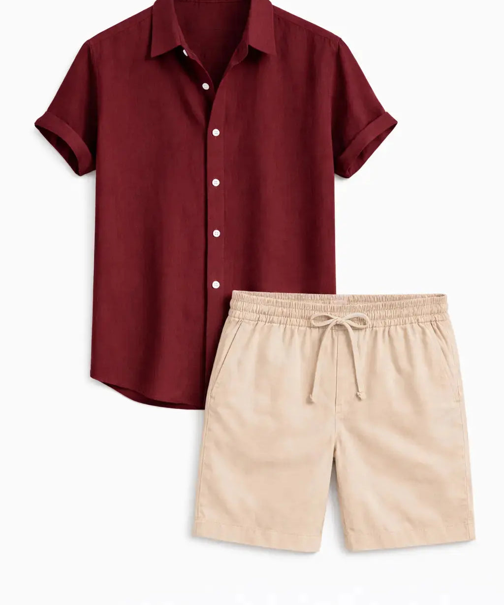 Front view of Red Linen Rayon Blend Button Up Shirt & Linen Drawstring Shorts