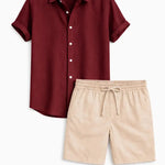 Front view of Red Linen Rayon Blend Button Up Shirt & Linen Drawstring Shorts