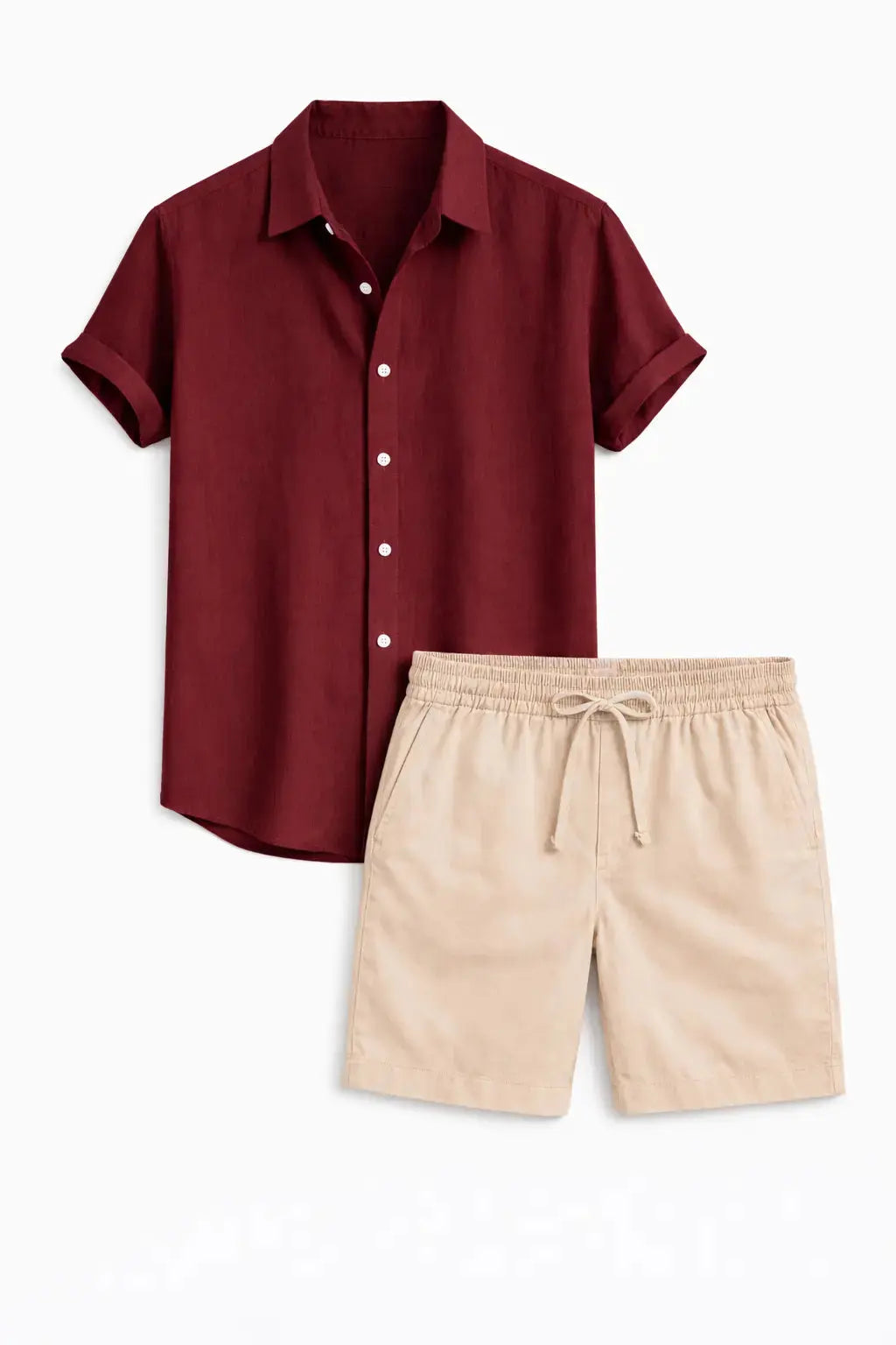 Front view of Red Linen Rayon Blend Button Up Shirt & Linen Drawstring Shorts
