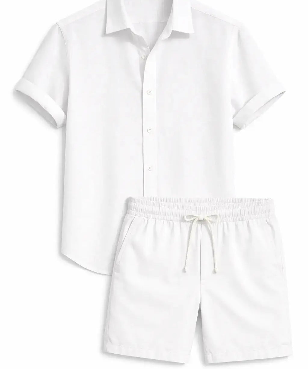 Front view of White Linen Rayon Blend Button Up Shirt & Linen Drawstring Shorts