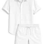 Front view of White Linen Rayon Blend Button Up Shirt & Linen Drawstring Shorts