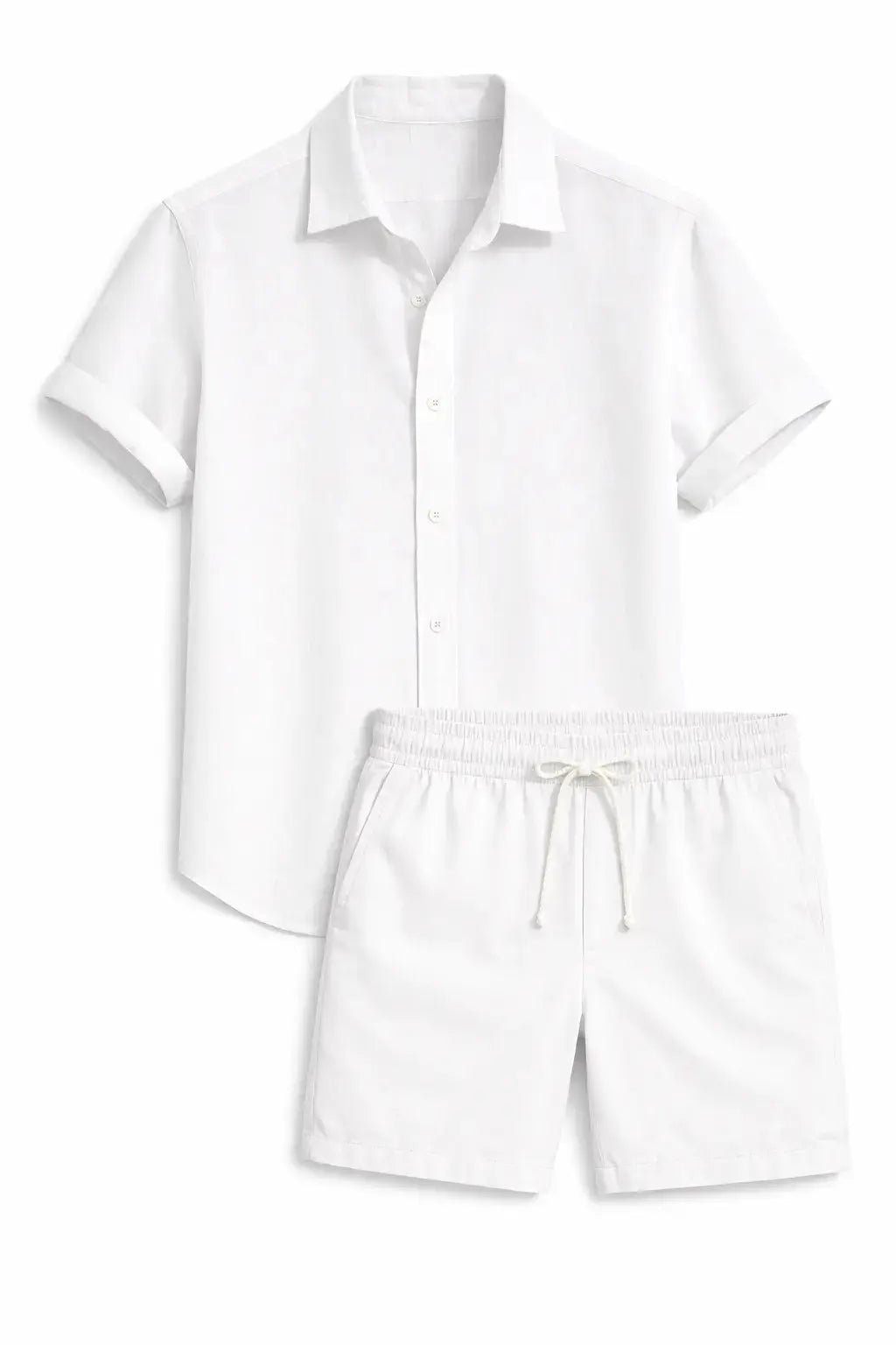 Front view of White Linen Rayon Blend Button Up Shirt & Linen Drawstring Shorts