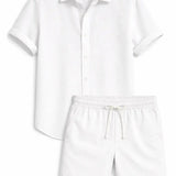Front view of White Linen Rayon Blend Button Up Shirt & Linen Drawstring Shorts