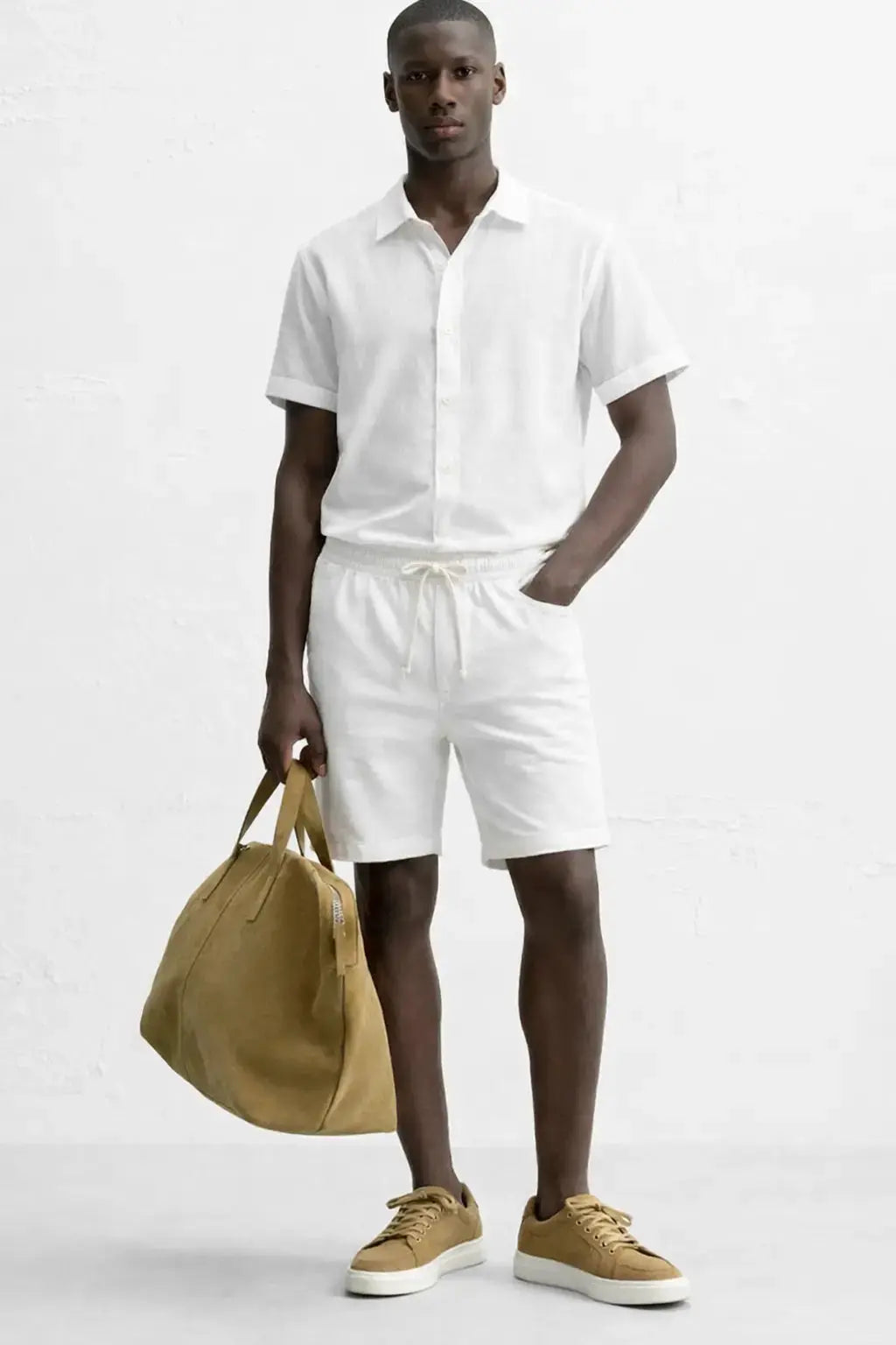 Linen Rayon Blend Button Up Shirt & Linen Drawstring Shorts shown in a lifestyle setting, alternate view