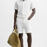 Linen Rayon Blend Button Up Shirt & Linen Drawstring Shorts shown in a lifestyle setting, alternate view