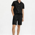 Linen Rayon Blend Button Up Shirt & Linen Drawstring Shorts shown in a lifestyle setting, cropped view