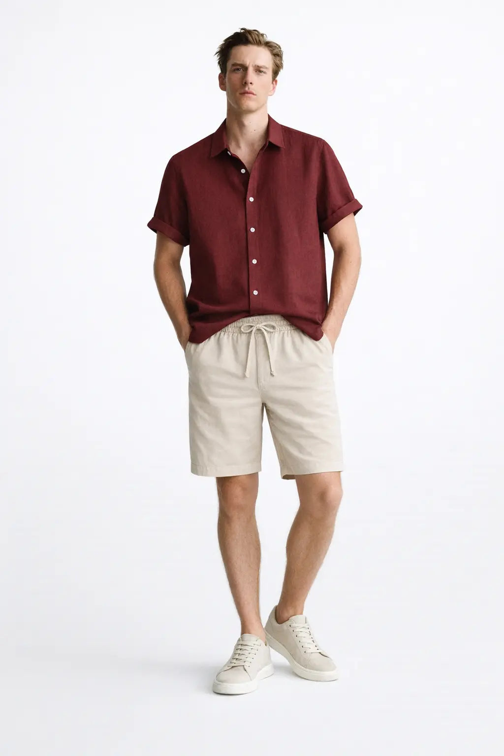 Linen Rayon Blend Button Up Shirt & Linen Drawstring Shorts shown in a lifestyle setting, full length view