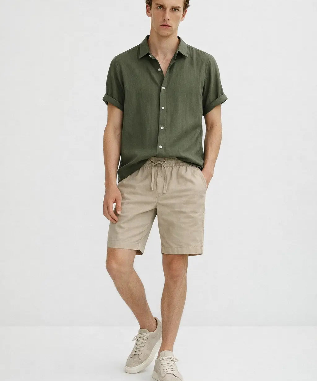 Linen Rayon Blend Button Up Shirt & Linen Drawstring Shorts shown in a lifestyle setting