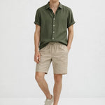 Linen Rayon Blend Button Up Shirt & Linen Drawstring Shorts shown in a lifestyle setting