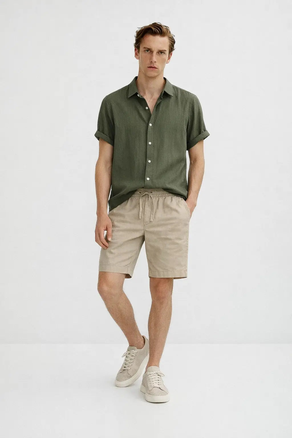 Linen Rayon Blend Button Up Shirt & Linen Drawstring Shorts shown in a lifestyle setting