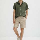 Linen Rayon Blend Button Up Shirt & Linen Drawstring Shorts shown in a lifestyle setting