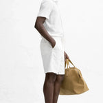 Side view of Linen Rayon Blend Button Up Shirt & Linen Drawstring Shorts, alternate view