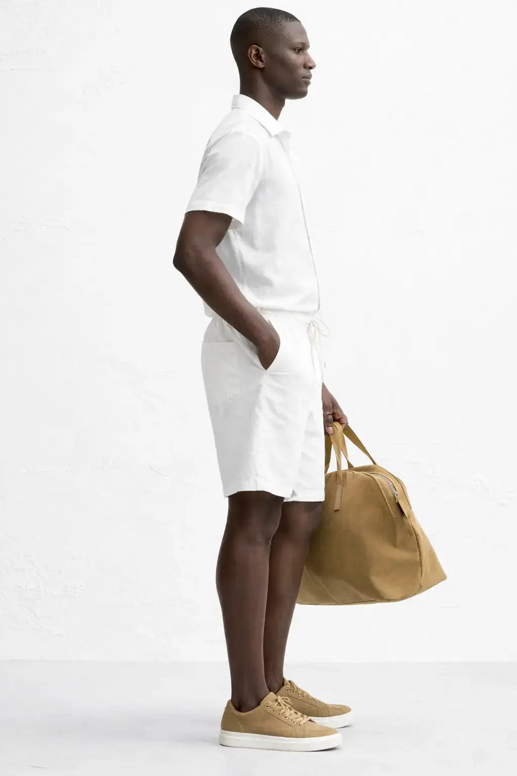 Side view of Linen Rayon Blend Button Up Shirt & Linen Drawstring Shorts, alternate view
