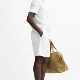 Side view of Linen Rayon Blend Button Up Shirt & Linen Drawstring Shorts, alternate view