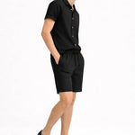 Side view of Linen Rayon Blend Button Up Shirt & Linen Drawstring Shorts, close up
